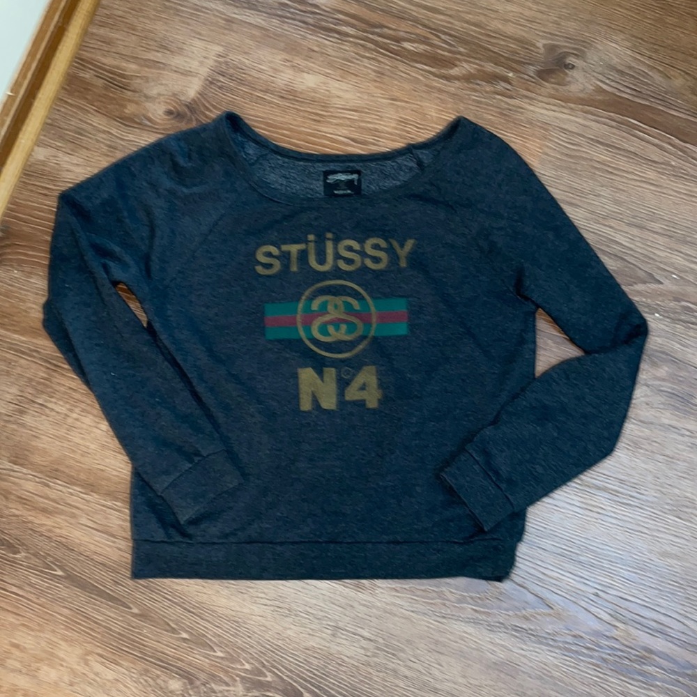 Stussy No 4 Gray Wife Neck Sweatshirt Sz Medium EUC
